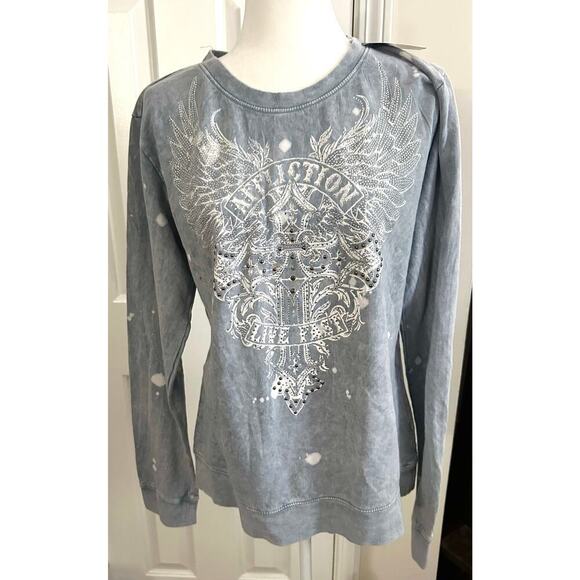 AFFLICTION Diamond Creek Long Sleeve Crewneck Rhinestone Braided Back Sz XL NWT - Picture 2 of 6